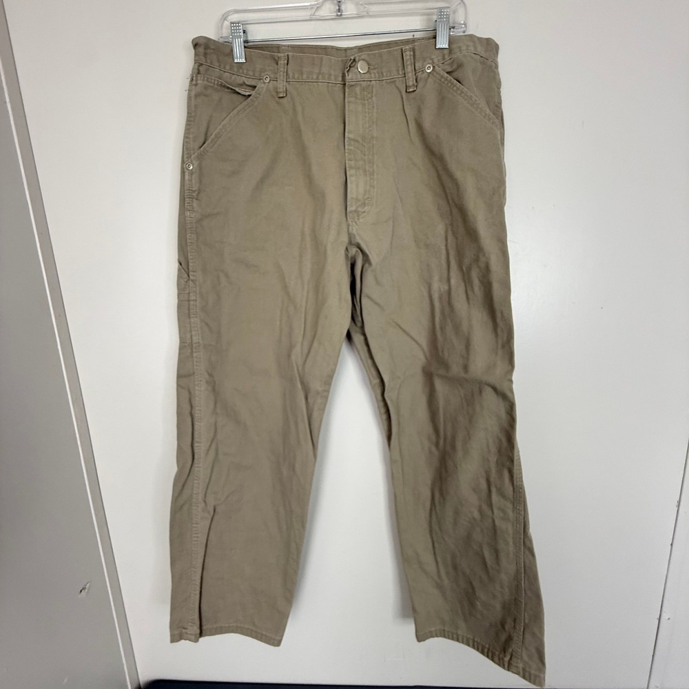 Wrangler Carpenter Pants Mens 36x29 Khaki Relaxed Fit Utility Workwear Canvas